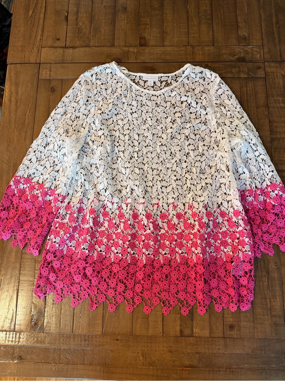 Charter Club White to Pink Ombre Crochet Lace Tunic